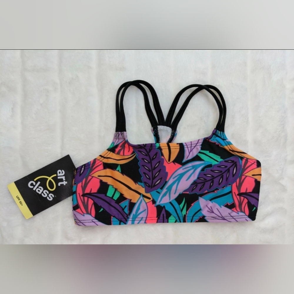 Girls’ Jungle Leaf Print Bikini Top Size XS 4/5 UPF 50+ Protection Art Class